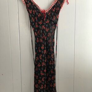 Betsey Johnson Vintage Sheer Black Dress with Floral Red and Pink Accents